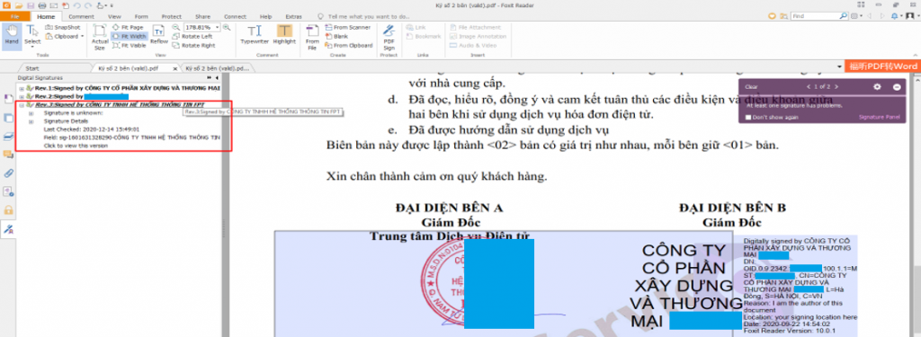 Xuất hiện menu Digital Panel hiển thị những chữ ký số trên hợp đồng -3